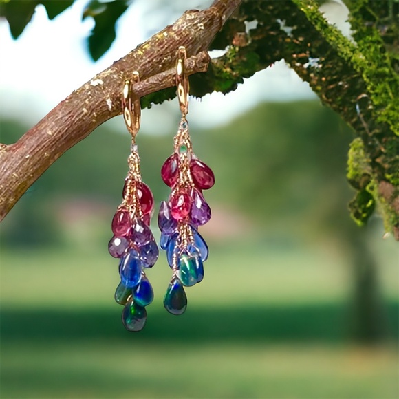 Natural Rainbow Gemstone: Opal Tourmaline Ruby Earrings in Solid 18K Rose Gold - Picture 4 of 15